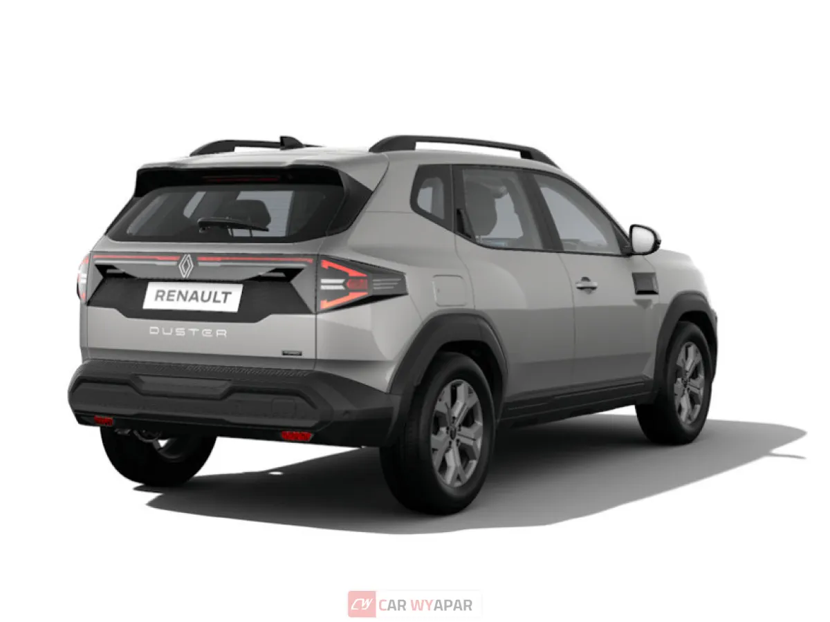 Rear three-quarter view of the Renault Duster Evolution trim in metallic silver, showing Y-shaped LED taillights and roof rails.